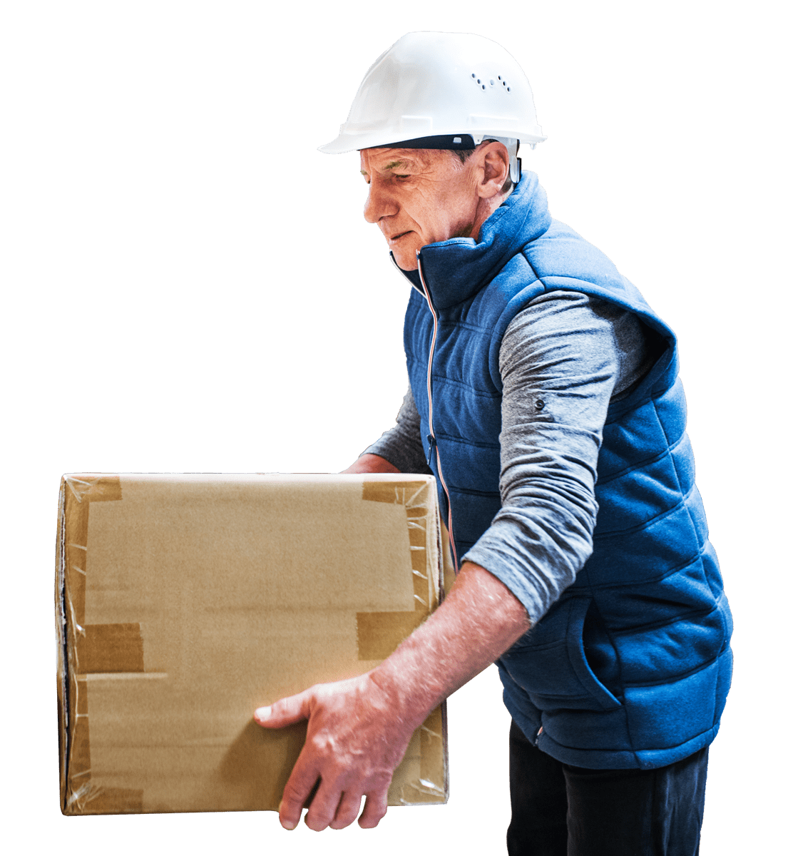 A man with a hard hat carrying a cardboard package.