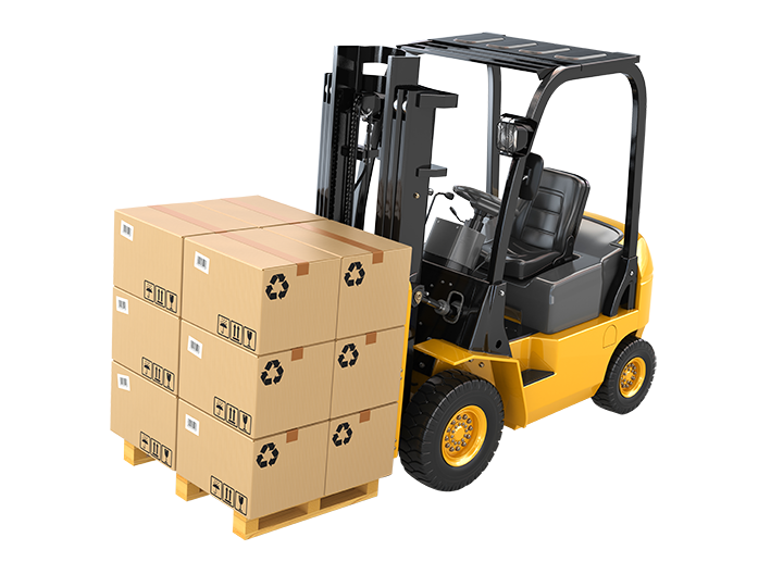 A yellow forklift with a pallet of packages loaded on the front.