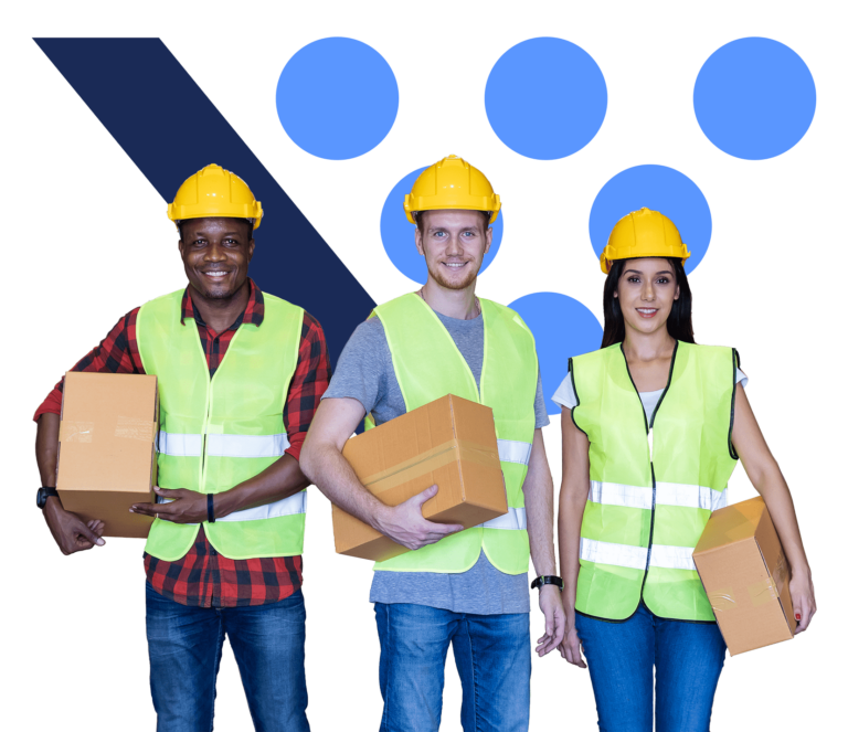 Two men and a woman in hard hats and safety vests carrying packages.