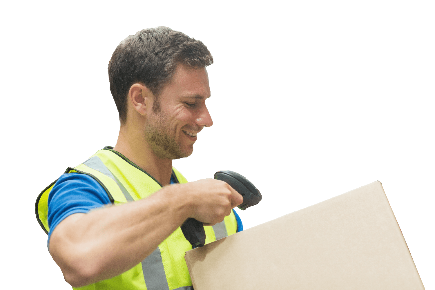 A man in a safety vest using a hand-held scanner to scan a package.